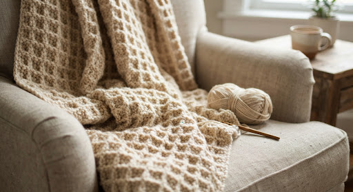 Cream crochet blanket draped over a linen chair