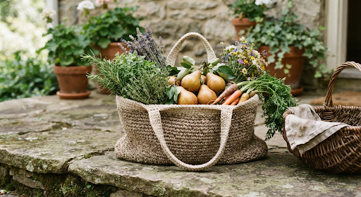 Neutral handmade crochet market tote beside herbs and pears