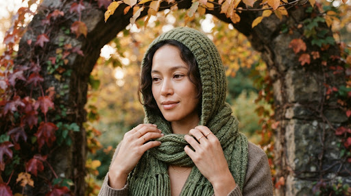 Woman wearing a moss green ribbed crochet hood and scarf
