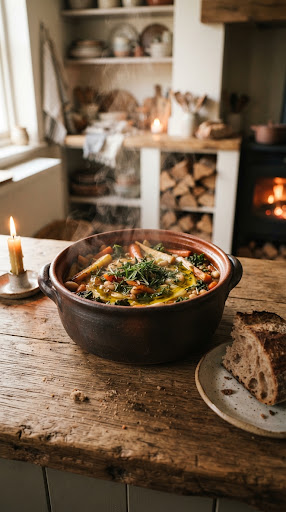Root vegetable stew in a ceramic pot with herbs and bread