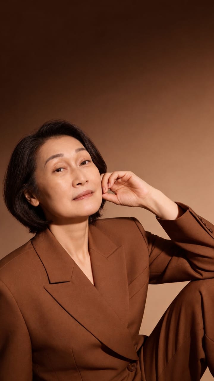 Portrait of Sabrina Sim in a warm brown suit