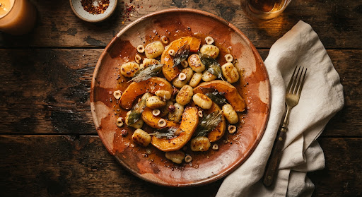 Golden squash and sage gnocchi served in a rustic skillet