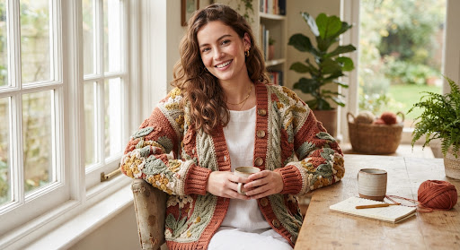 Woman wearing a textured botanical crochet cardigan with wooden buttons